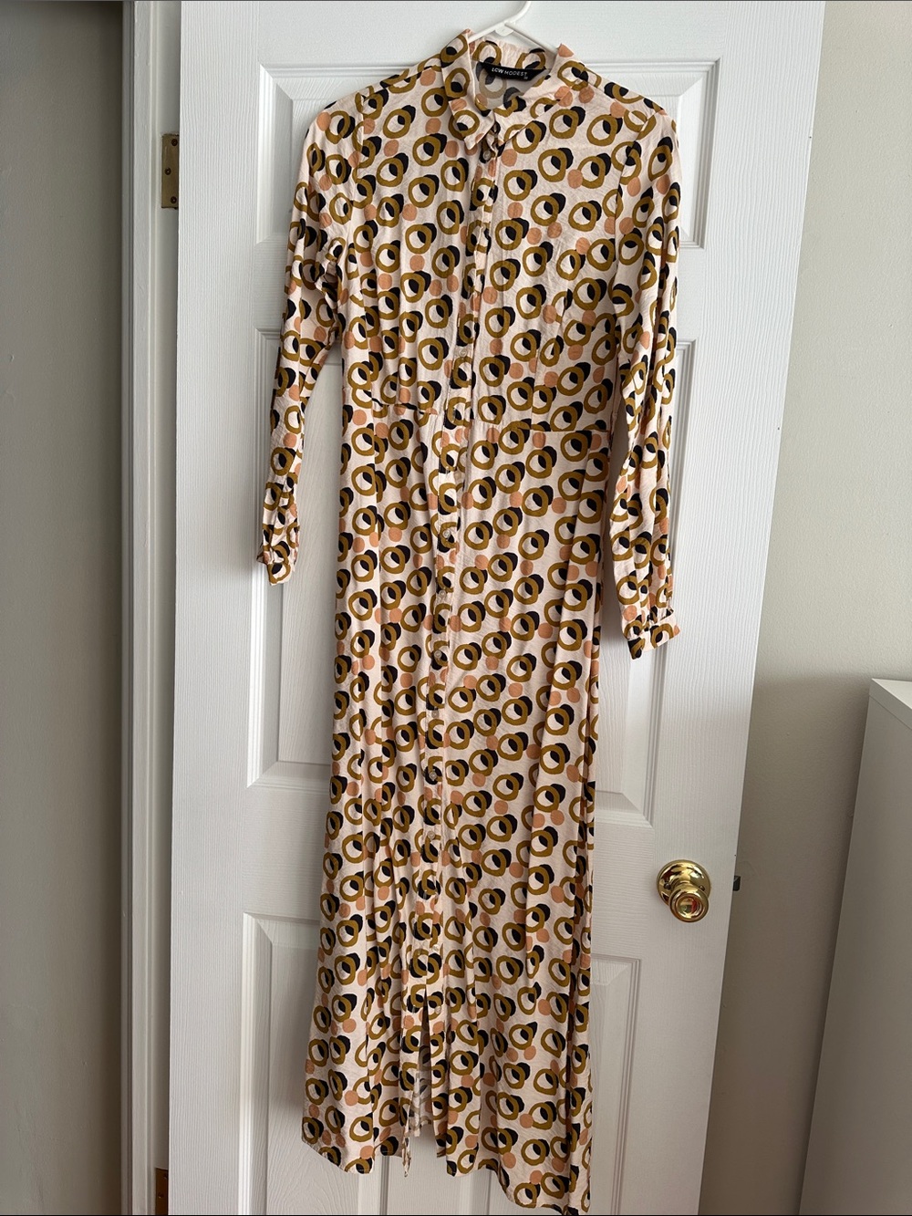 Long Sleeve Printed Shirt Dress in Cream and Brown